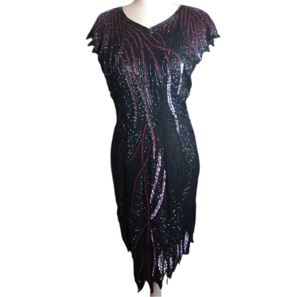 Gorgeous Vintage Silk Beaded Black Cocktail Sheath Dress Women’s Medium